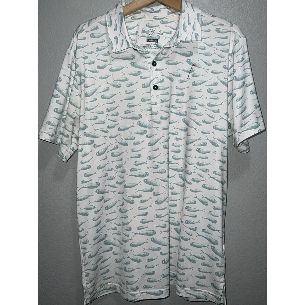 Hoolie Golf Polo Men’s L Shirt White School Of Fish Made In USA Bait Herring